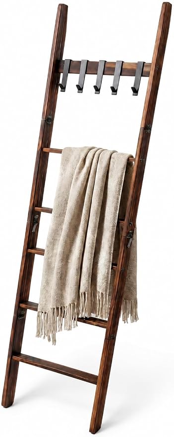 Blanket Ladder with 5 Removable Hooks, 67 Inch 6-Tier Wooden Blanket Rack, Rustic Brown Towel Ladder, Decorative Quilt Rack for Living Room Bedroom Bathroom Farmhouse Decor