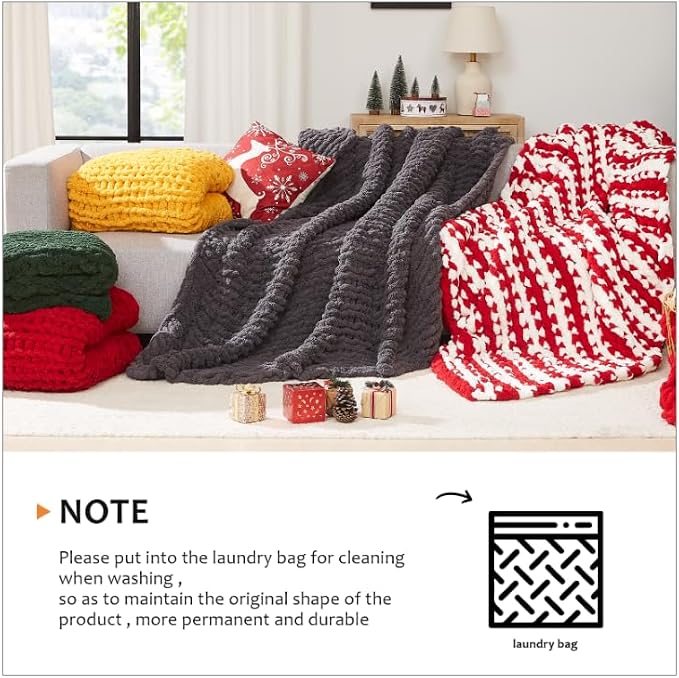 L'AGRATY Chunky Knit Blanket Throw: 80''x90'' Chenille Chunky Knitted Throw Blankets for Bed Couch - Handmade Thick Big Cable Knit Blanket - Large Crochet Blankets for Home Decor(Navy Blue)