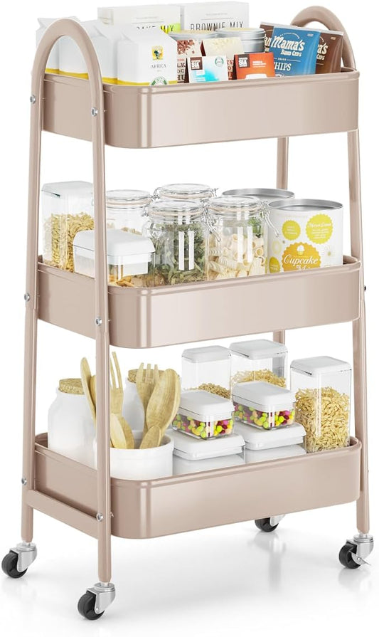 EAGMAK 3 Tier Rolling Cart, Large Metal Storage Cart with Handle and Lockable Wheels, Big Multifunctional Storage Organizer Trolley with Mesh Baskets for Kitchen, Living Room, Office, Garage (Beige)