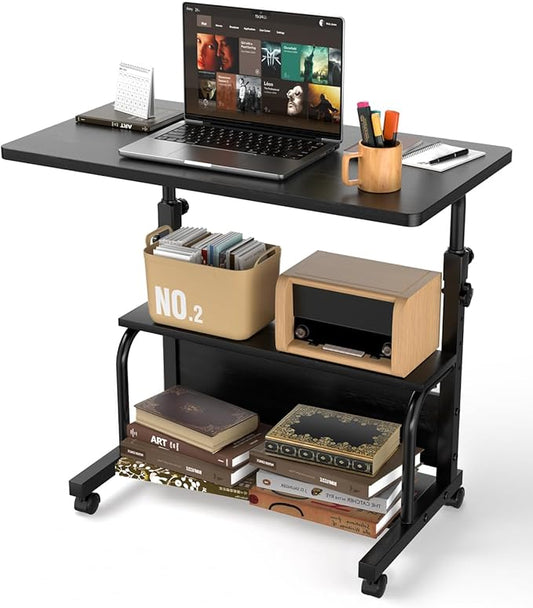 QZMDSM Portable Rolling Desk on Wheels Adjustable Height Desks for Small Spaces, 32" Computer Desk Drafting Tables with Storage Shelves for Home Office Black