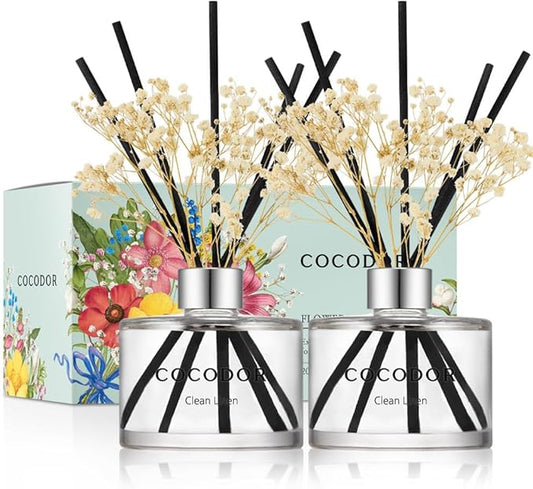 COCODOR Preserved Real Flower Reed Diffuser/Clean Linen / 6.7oz(200ml) / 2 Pack/Reed Diffuser Set, Oil Diffuser & Reed Diffuser Sticks, Home Decor & Office Decor, Fragrance and Gifts