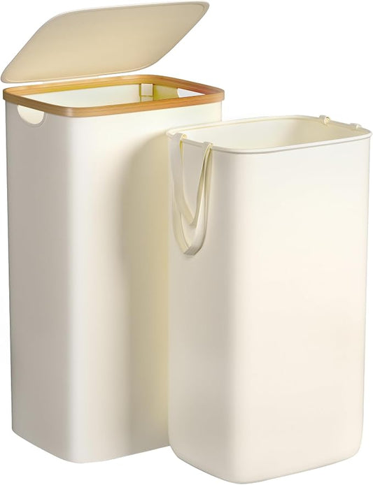 Foluck Large Laundry Hamper, 100L Waterproof Laundry Basket with Lid and Removable Bag, Collapsible Tall Clothes Hamper with Bamboo Handles for Clothes Toys in Dorm Bedroom Bathroom, Beige, ZYL101-W