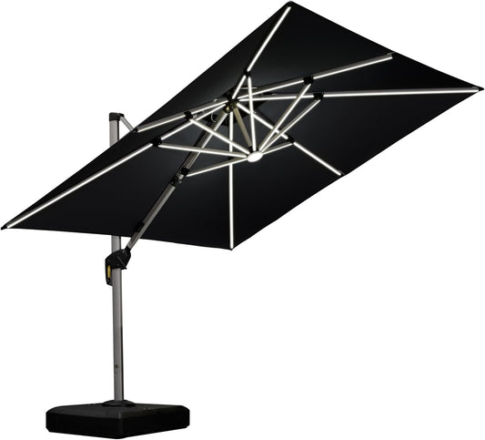 PURPLE LEAF 9 Feet Double Top Deluxe Solar Powered LED Square Patio Umbrella Offset Hanging Umbrella Outdoor Market Umbrella Garden Umbrella, Black