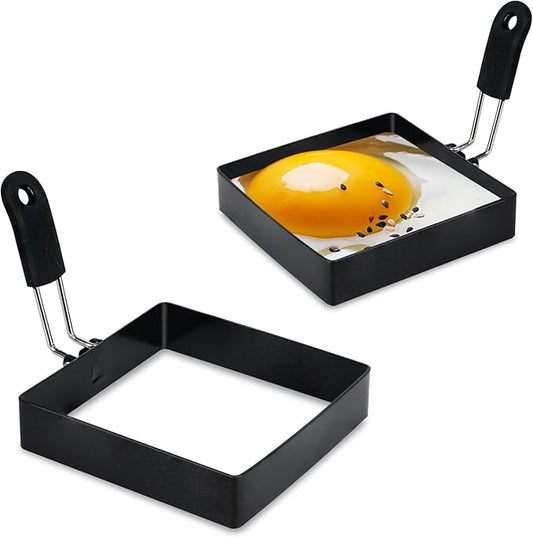 2-Pack 4'' Square Egg Rings Set with Silicone Handle, Stainless Steel Egg Cooking Rings，Nonstick，For Frying Eggs and English Muffins Pancake, Egg Mold Shaper For Breakfast