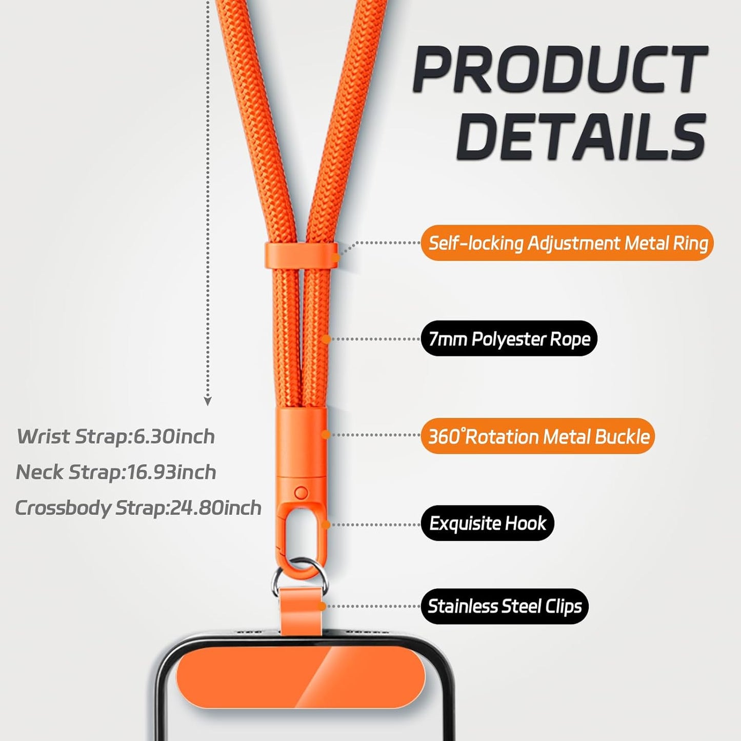 2 Pack Phone Lanyard,2×Phone Neck Strap,4×Tether Tabs,Universal Cell Phone Multifuctional Patch Polyester Lanyards,Cell Phone Lanyards for Women and Men(purple+orange)