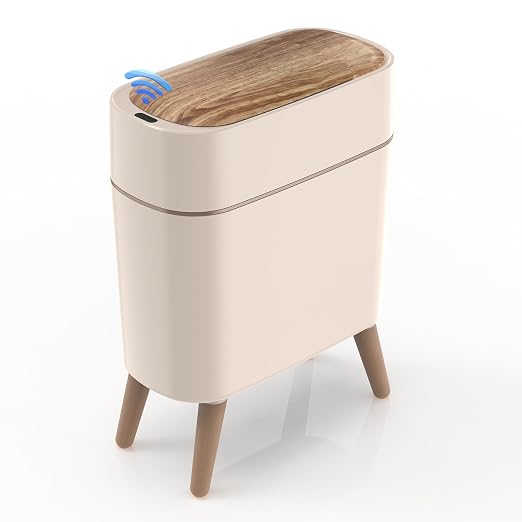 suyika Automatic Trash Can, 2.6 Gallon/10L Bathroom Trash Can with Lid - Wood Grain Lid and Legs, Touchless Waterproof Garbage Bin for Bedroom, Bathroom, Office, Living Room