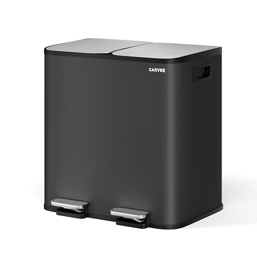 GarveeHome 2 x 4 gal Stainless Steel Double Trash Can with Lid for Kitchen, Large Dual Trash and Recycle Bin Combo, Step-on Kitchen Metal Garbage Cans, PP Inner Buckets, Liner Rim, Black