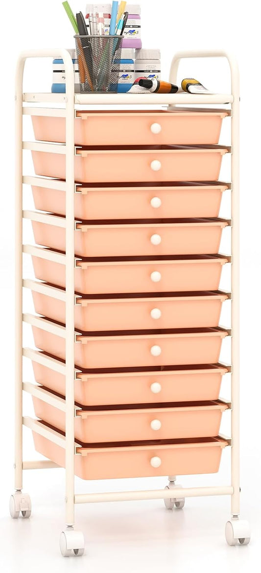 Giantex 10-Drawer Storage Cart w/Universal Wheel, Rolling Cart w/Handle, Home Organizer Storage Unit w/Removable Drawers, Trolley Utility Cart for Kitchen Makeup Living Room Office Play Room