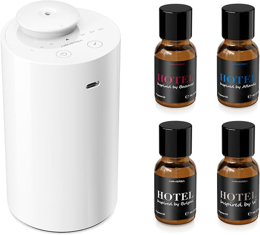Airversa Waterless Essential Oil Diffuser Starter Kit with 4 x 10mL Hotel Scent Fragrance Oil, Battery Operated Mini Scent Air Machine Portable Diffuser for Home Car Office, AN6Kit-04 White