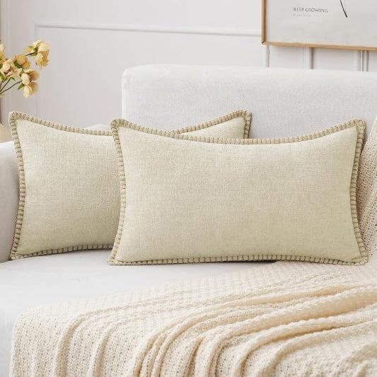 MIULEE Pack of 2 Lumbar Throw Pillow Covers 12x20 Inch Cream White Farmhouse Decorative Pillow Covers with Stitched Edge Soft Chenille Solid Dyed Pillow Covers for Couch Sofa Bed Living Room
