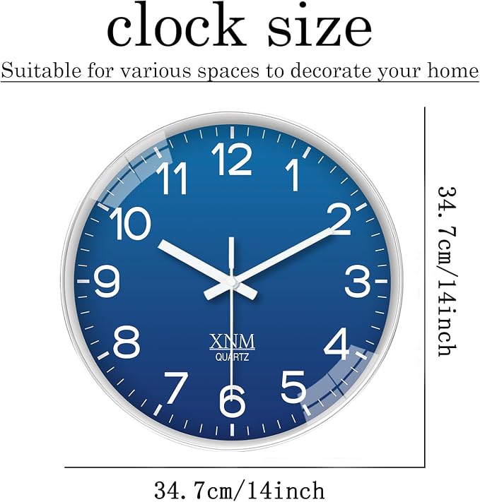 XNM Modern Analog Wall Clocks Battery Operated Navy Blue Wall Clock for Living Room Bedroom Home Office 14 Inch Round Minimalist Wall Clock Silent
