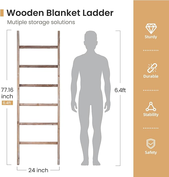 SwaaVee Blanket Ladder 6-Tier Towel Rack, Wooden Quilt Ladder Shelf for Home Decor, Wall Leaning Farmhouse Quilt Display Towel Holder Organizer for Living Room, Bathroom (24" Wide)