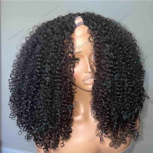 Meadow hair Afro Kinky Curly V Part Wig Human Hair Brazilian Virgin Upgrade U Part Wigs Glueless Afro Curly 180 Density Vpart Wig No Leave Out For Black Women 14Inch