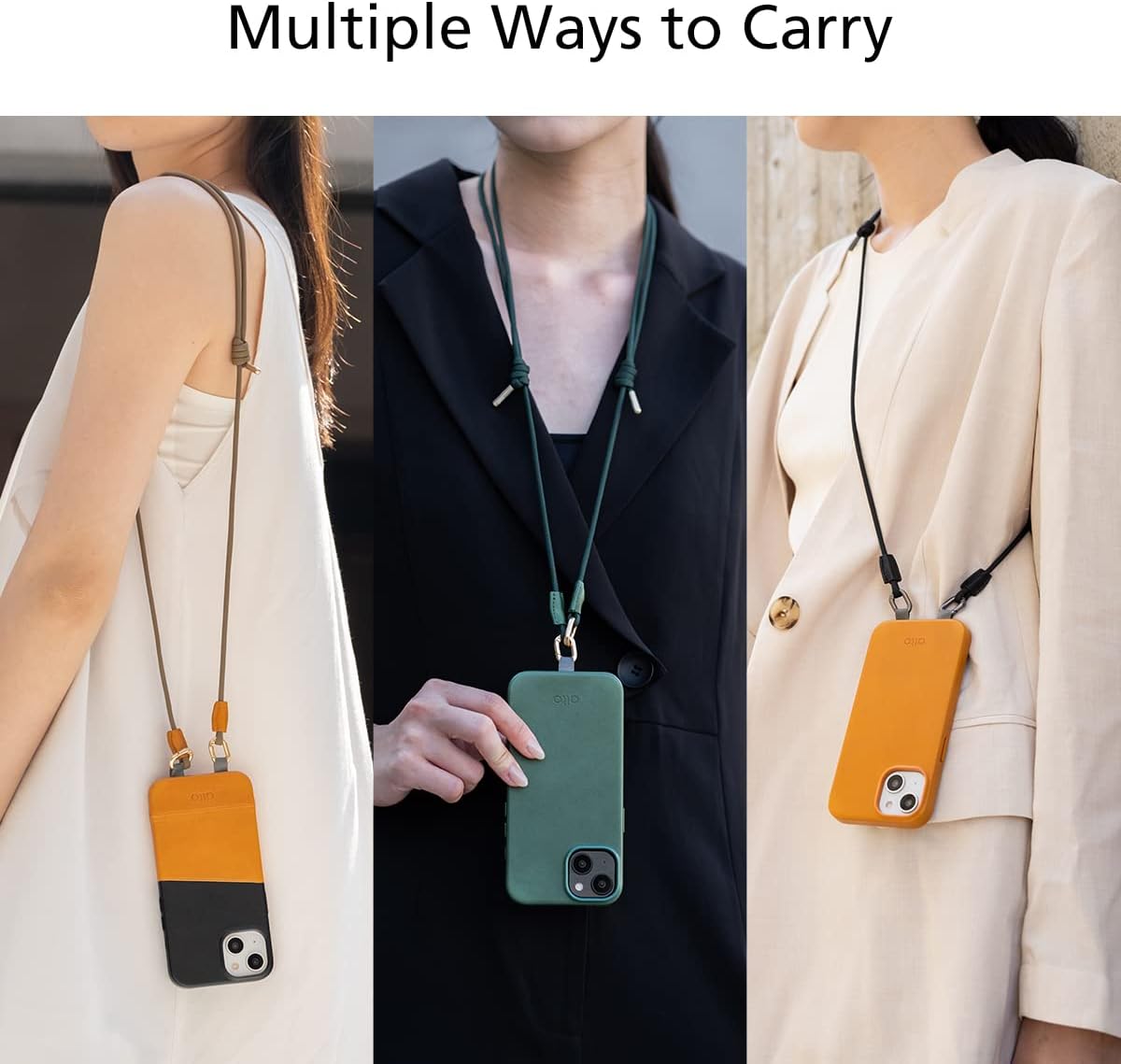 alto Crossbody Phone Lanyard: detachable patch, nylon strap with Italian leather pad, for iPhone and android full body phone cases (Raven Black)