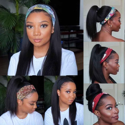 Unvizossa Straight Headband Wig Human Hair Brazilian Virgin Human Hair Wigs for Black Women Glueless Half Wig Machine Made No Lace Front Headband Wig Natural Black Color 22 Inch
