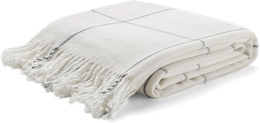 Arus Acrylic Highlands Collection Queen Size Tartan Plaid Design Throw Blanket Off-White, 60x80 inches