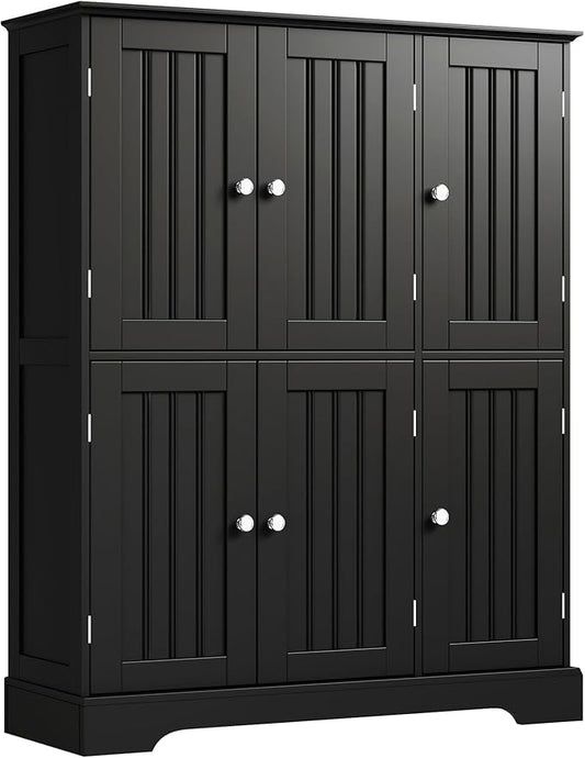 ChooChoo Bathroom Floor Cabinet, Modern Bathroom Storage Cabinet with 6 Doors and Adjustable Shelves, Freestanding Cupboard for Living Room, Black