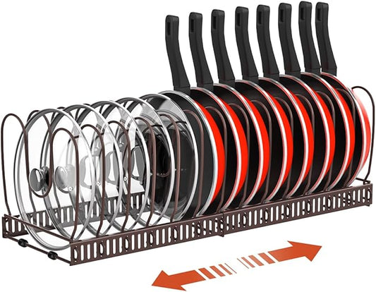 Housolution Pot and Pan Organizer Rack for Cabinet, Expandable Pot Lid Organizer with 15 Adjustable Dividers, Pan Holder Storage Rack for Kitchen Cabinet, Bronze