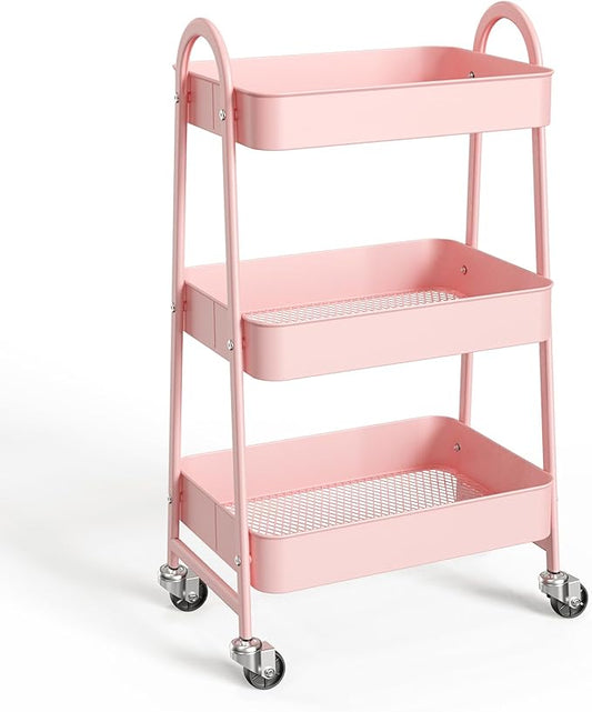 NEWBULIG 3-Tier Metal Rolling Storage Cart, Heavy Duty Mobile Utility Organizer Shelf with Lockable Wheels, Multifunctional Trolley for Daily Supplies, Home Indoor Daily Use, Pink
