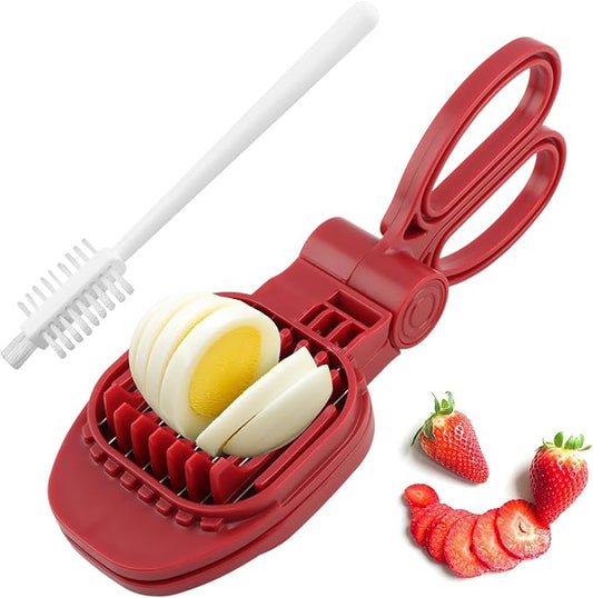 Fruit Slicer Hand-Held, Strawberry, Banana Slicester, Mushroom & Egg Slicer for Hard Boiled Eggs with Stainless Blades, Dishwasher Safe, Includes 1 Cleaning Brush for Home Cooking