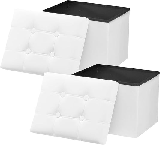 AmasSmile 2PC Storage Ottoman Foot Rest Stool, 17 inch Velvet Footstool Bench, Short Ottomans Stool, Small Folding Storage Ottoman Store Books, Records, White