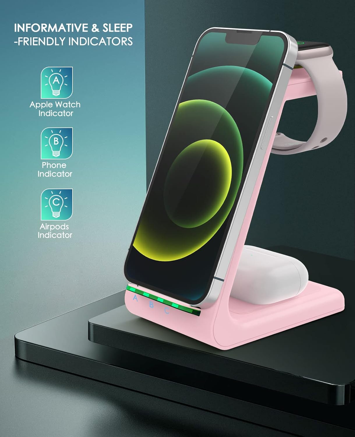3 in 1 Wireless Charging Station, 2025 Upgraded Fast Desk Charger Station for iPhone 16 15 14 13 12 Pro Max Plus, Charger Stand for Apple Watch 10 9 8 7 6 5 4 3 2 SE, Airpods 4 3 2 Pro(Pink)