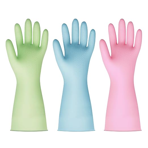BOOMJOY PVC Cleaning Gloves, Reusable Dishwashing Gloves, Medium Gloves for Kitchen, Bathroom, Gardening, Working, Pet Care - Pink & Blue & Green, 3 Pairs, Size M