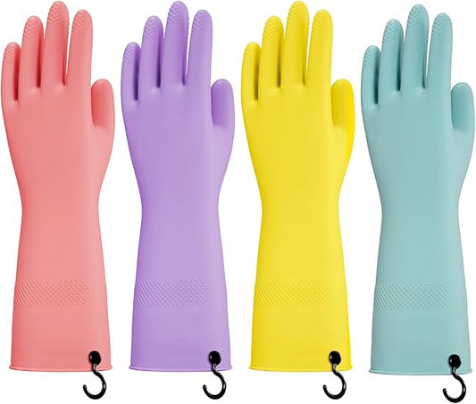 Dishwashing Rubber Gloves for Cleaning – 4 Pairs Kitchen Gloves with Handing Hooks Washing Dishes Household Glove - Large
