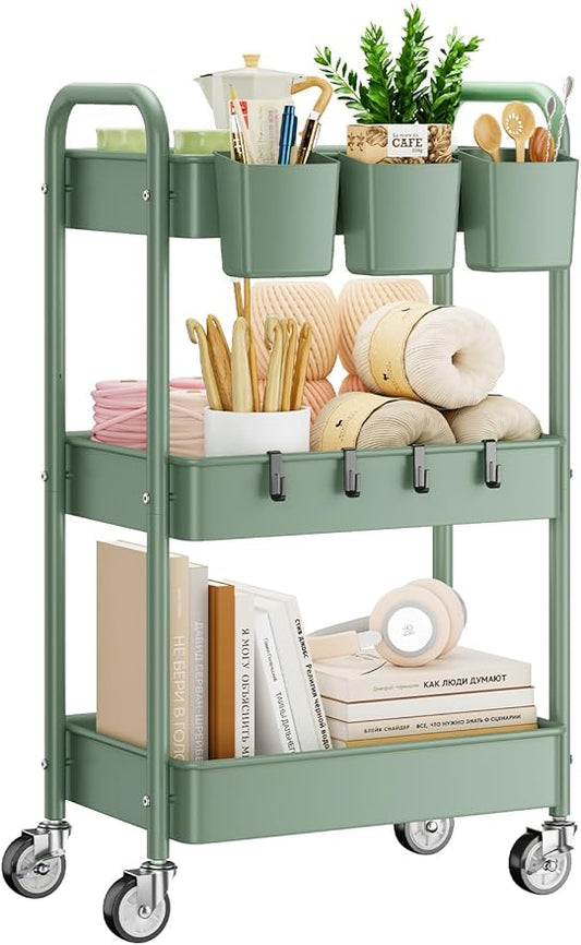 YASONIC 3-Tier Rolling Cart, Green, 66 Pounds Capacity, Mesh Storage Organizer with Lockable Wheels, 3 Hanging Cups, 4 Hooks, Easy Assembly, for Kitchen, Bathroom, Laundry, Grocery