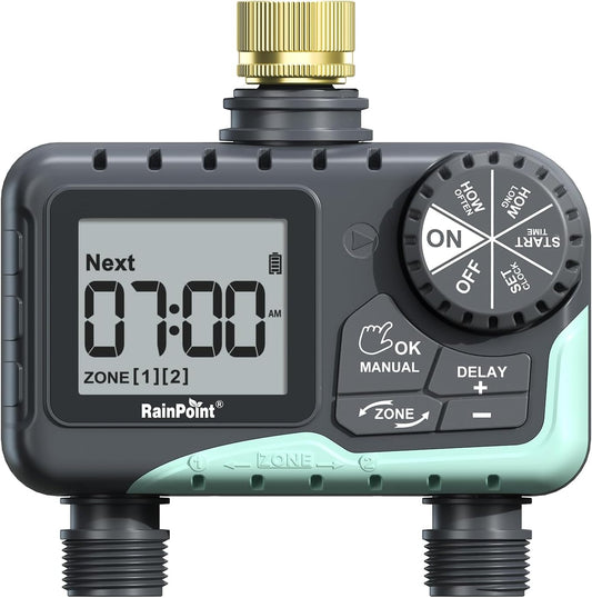 RAINPOINT Water Timer for Garden Hose - Sprinkler Timer with Brass Swivel - Rain Delay/Manual Watering/Automatic Irrigation Programmable Faucet for Yard, 2 Outlet