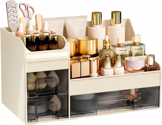 Makeup Organizer with Drawers,Large Cosmetic Storage Box,Countertop Skincare Organizer,ABS Makeup Brush Holder for Bathroom,Desk,Dresser,Multifunctional Beauty Display Case,Cream transparent