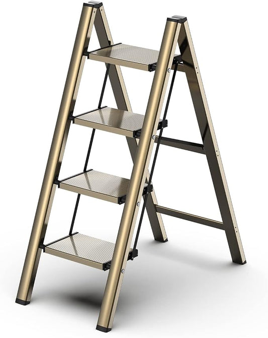 4 Step Ladder, Aluminum Folding Step Stool with Anti-Slip Sturdy and Wide Pedal, Lightweight Portable Stepladder for Home and Kitchen Use, Gold, 330 lbs