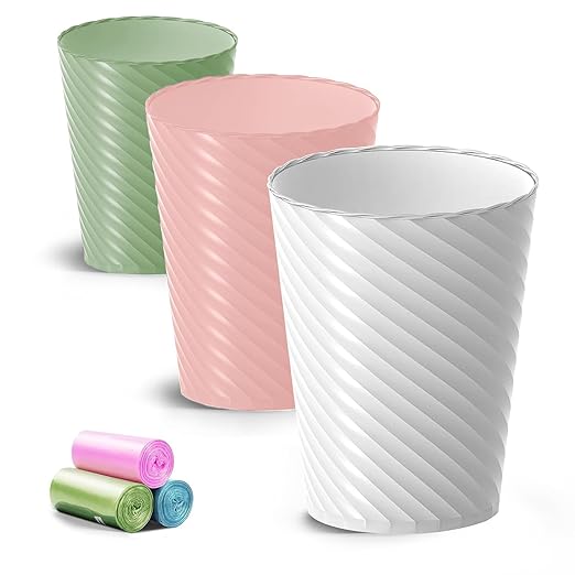 Lysam Bathroom Trash Can, 3 Pack 1.8 Gallons Small Trash Can with Trash Bags, Bathroom Garbage Can, Plastic Trash Bin, Round Waste Basket for Bedroom, Office, Room (White Pink Green)