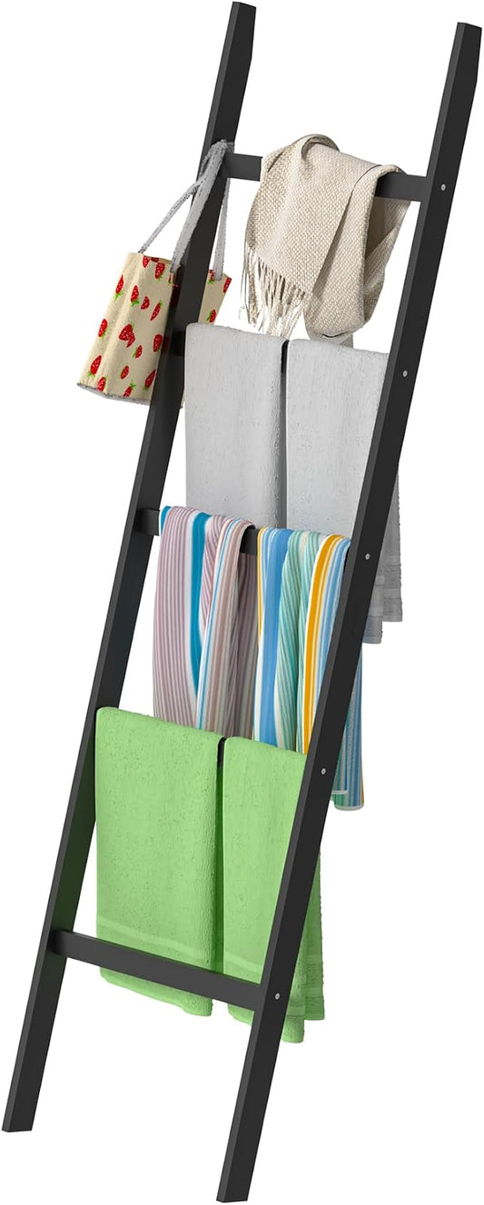 POXAKA Blanket Ladders for The Living Room, 5-Tier Blanket Holder, Wall-Leaning Blanket Rack, Ladder Shelves, Wooden Quilt Ladder, Farmhouse Decor, Scarf Ladder Shelves for Living Room, Bedroom