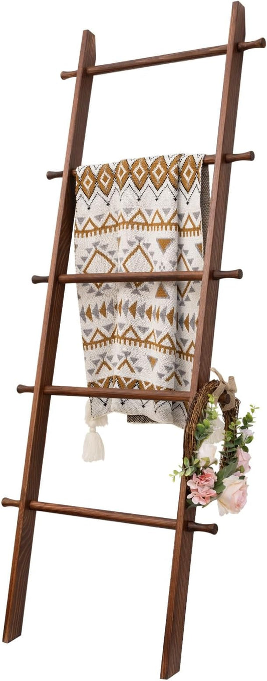 Blanket Ladder, 5-Tier Wooden Quilt Stand, Decorative Ladder Shelf, Farmhouse Ladder Blanket Holder, Wall Leaning Towel Storage Rack for Living Room, Brown