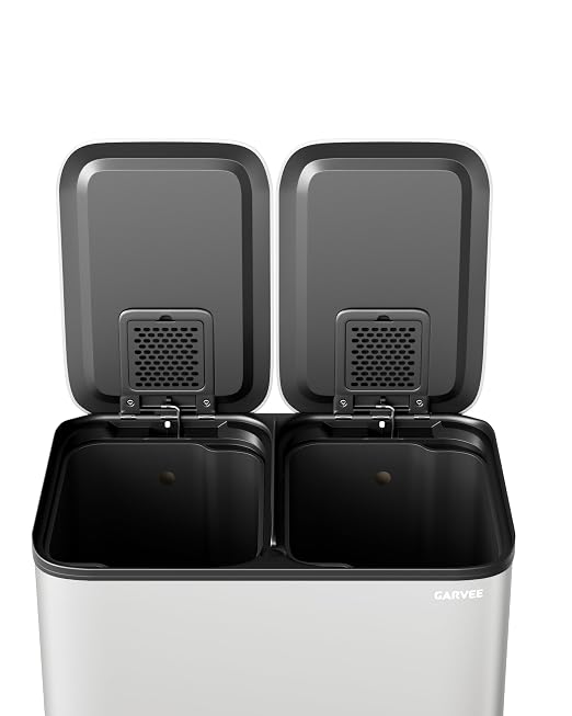 GarveeHome 2 x 4 gal Stainless Steel Double Trash Can with Lid for Kitchen, Large Dual Trash and Recycle Bin Combo, Step-on Kitchen Metal Garbage Cans, PP Inner Buckets, Liner Rim, White