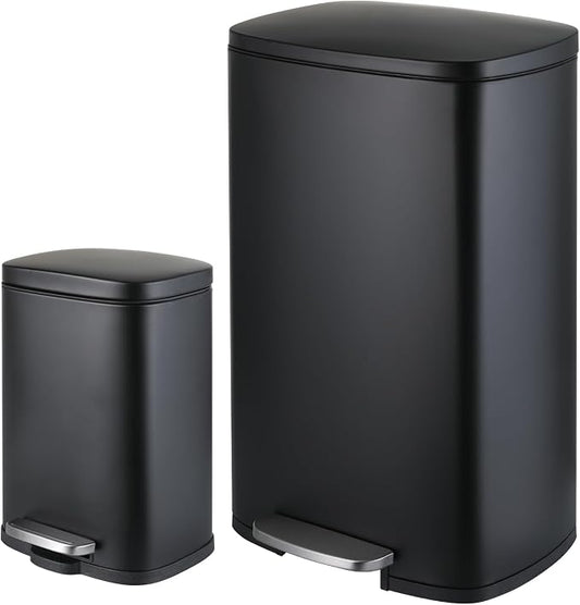 ComfyCorner 13.2+1.3 Gallon Trash Can Combo Set, Stainless Steel Garbage Bin with Pedal, Removable Inner Waste Bucket, Anti-Fingerprint, Soft-Close Locking Lid Dustbin for Kitchen, Bathroom, Office