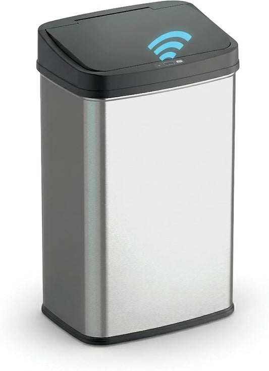 Ninestars 13 Gallon Automatic Trash Can, 50L Touchless Motion Sensor Garbage Can with Odor-Sealing Lid, Rectangular Stainless Steel, Black Trim