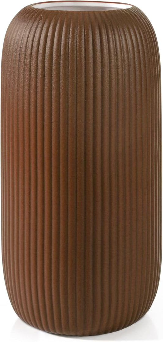 Ceramic Vase for Flowers – Modern Small Ribbed Textured Flower Vase for Home Decor, Pampas Grass, Decorative, Farmhouse, Coffee Table, Kitchen Centerpieces, Bookshelf and Home Living (Caramel)