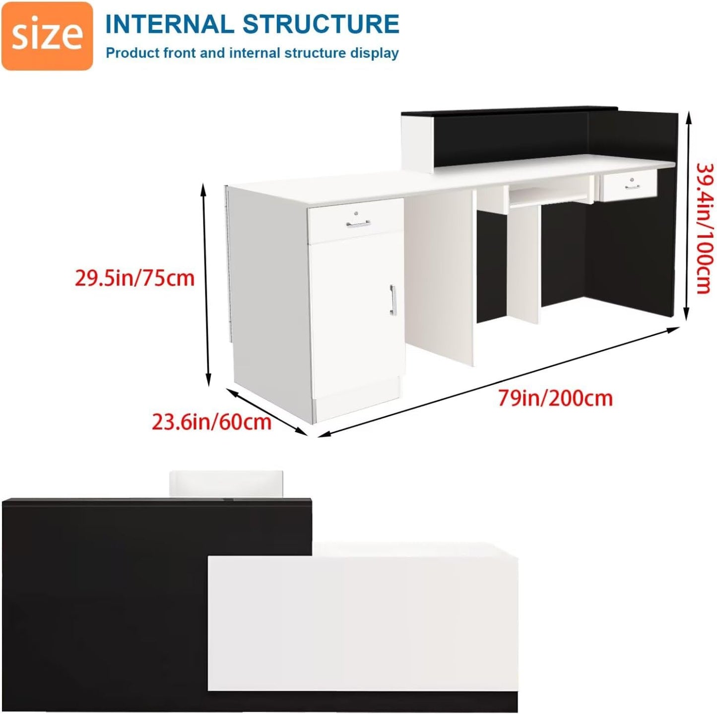 Reception Desk with Counter Modern Checkout Counter with Lockable Drawer Keyboard Tray Receptionist Desk for Office Salon Reception Table I Right 79inch/200cm