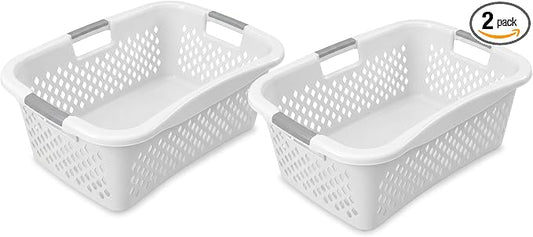 Home Logic 1.5 Bushel Plastic Laundry Basket Front Load, Large Laundry Hamper with Handles, Ventilated Clothes Organizer for Bedroom Bathroom Closet, 2 Pack, White