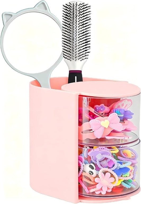 Luscinia Hair Accessories Organizer with Hair Brush Holder, Rotatable Makeup Brush and Jewelry Storage Box for Hair Clips, Earrings, Necklaces, Bracelets, Rings, and Daily Accessories (Pink, 2-Layer)