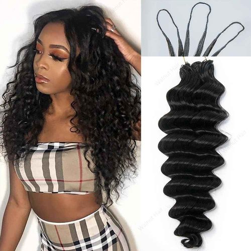 Deep Wave Crochet Human Hair Extensions Brazilian Virgin Feather Human Hair Bundles Pre Separated Braiding Hair Pre Looped for Boho Braids For Black Women Walnut Hair Natural Color 16inch 60g