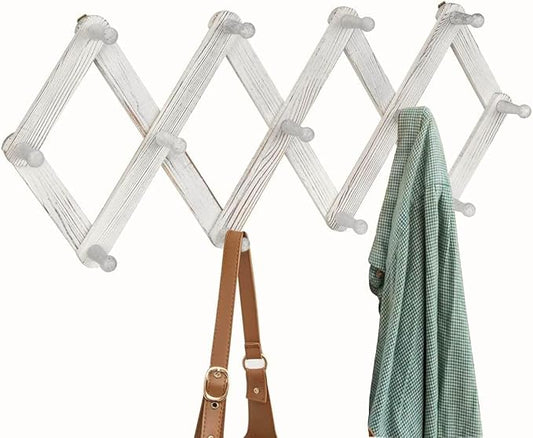 Homode Accordian Wall Hanger, Expandable Coat Rack Wall Mounted, Accordion Style Wood Hat Rack with 13 Peg Hooks for Hanging Coats, Hats, Mugs, Bags, Purses, Necklaces, Rustic White