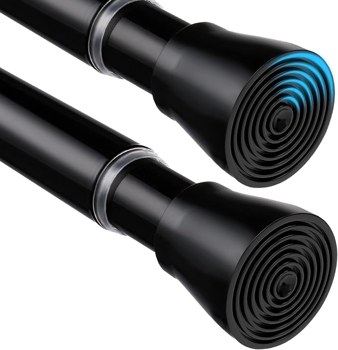 2PCS Spring Tension Curtain Rod 28 To 48 Inch Adjustable Expandable Black Tension Rod 7/8" Shower Curtain Rods No Drilling Spring Loaded Curtain Rod for Windows Bathroom Closet Bedroom Doorway Door