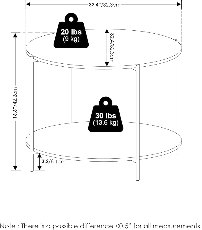 Furinno BESI Coffee Table, 2-Tier Round Modern Coffee Table with Metal Legs, Side Table with Open Shelf, for Living Room, Bedroom, Home Office, Americano