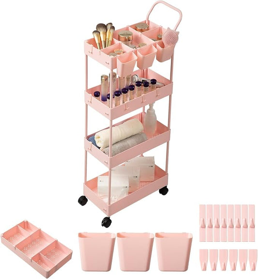 Danpinera 4-Tier Pink Slim Storage Cart, Narrow Laundry Cart with Wheels, Dividers, Hanging Cups, Hooks, Easy Assembly