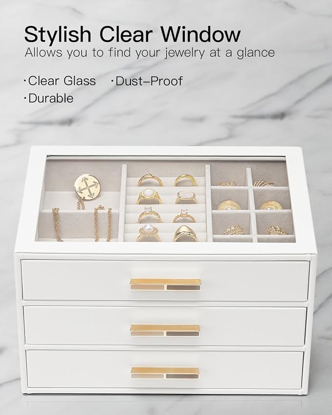 VLANDO Jewelry Box for Women, Glass Lid Jewelry Organizer with 3 Drawers for Necklaces Rings Earrings Bracelets Christmas Gift - White