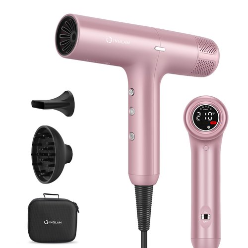 Hair Dryer, IG INGLAM 110, 000 RPM High-Speed Blow Dryer with LED Display, 1300W Low Noise Negative Ionic Hairdryer, 3 Temps & 3 Speeds Cool Switch & Memory Function, Lightweight, Rose Pink