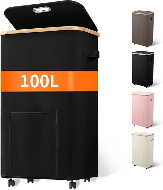 Vincona Laundry Basket with Wheels, Tall Dirty Clothes Hamper on Wheels, Rolling Laundry Hamper with lid for Dorm, Bedroom and Bathroom (Black, 100L)